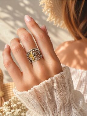 Anthropologie Two-Tone Cross Band Ring - Gold & Silver
